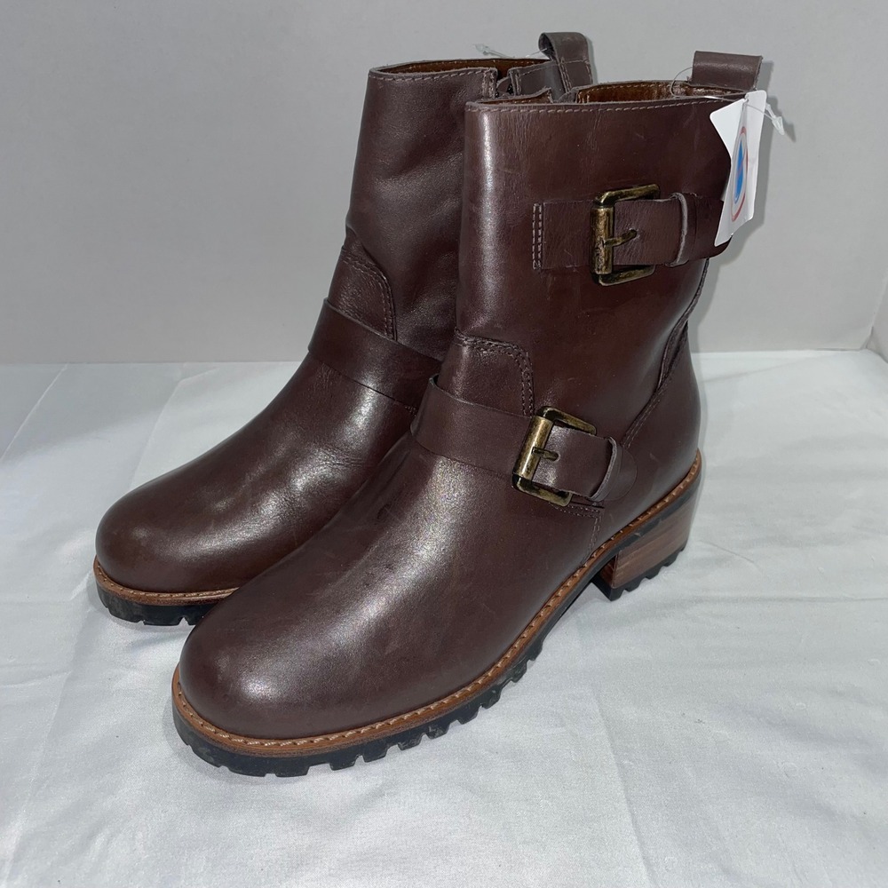 David Tate Palmar‎ Brown Leather Moto Ankle Boots Buckle Side Zip Womens 8 WW